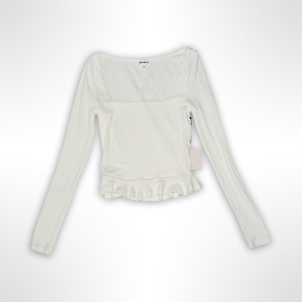 Superdown White Ribbed Square Neck Peplum Top - XS